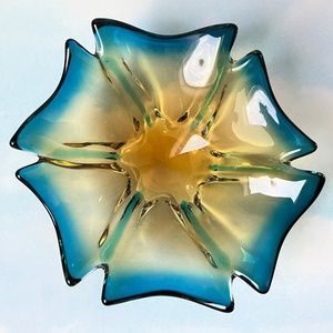 VINTAGE Dish Art Glass Art Deco Blue Gold